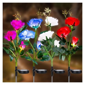4 Pack Outdoor Solar Garden Stake Lights,Upgraded LED Solar Powered Light with 3 Rose Flowers, Waterproof Solar Decorative Lights