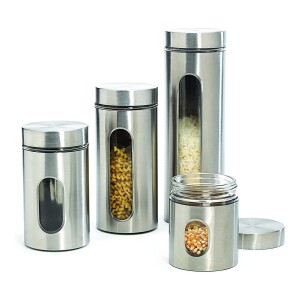 Stainless Steel Food Storage Canister Sets,Set of 4 Airtight Sugar Coffee Tea Candy Storage Jars 600ml+950ml+1300ml+1800ml