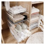 Closet Storage Basket Stackable - White Folding Storage Bins Carbon Steel Push-pull Clothes Organizer Shelf (2 Tier)