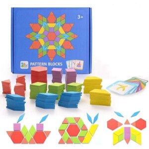 155 Pcs Wooden Pattern Blocks Set,Geometric Shape Puzzle Toy with 24 Pcs Design Cards