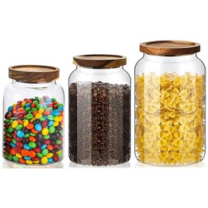 Airtight Glass Storage Jar with Acacia Wood Air-tight Lid,3 Pack Borosilicate Glass Kitchen Canisters,1250ml+2000ml+3000ml