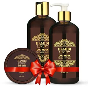 Luxury Oud Musk 3pcs Cosmetics Gift Set - 250ml Body Scrub | 500ml Body Lotion | 500ml Shower Gel
