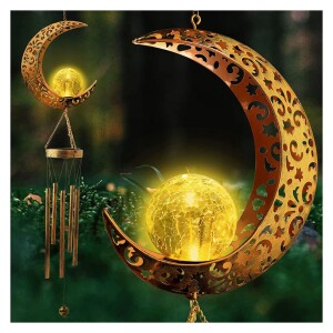 Ramadan Moon Crackle Glass Ball Wind Chimes Solar Moon Night Light Casting Shadows Garden Decor Retro Copper Large Wind Bells