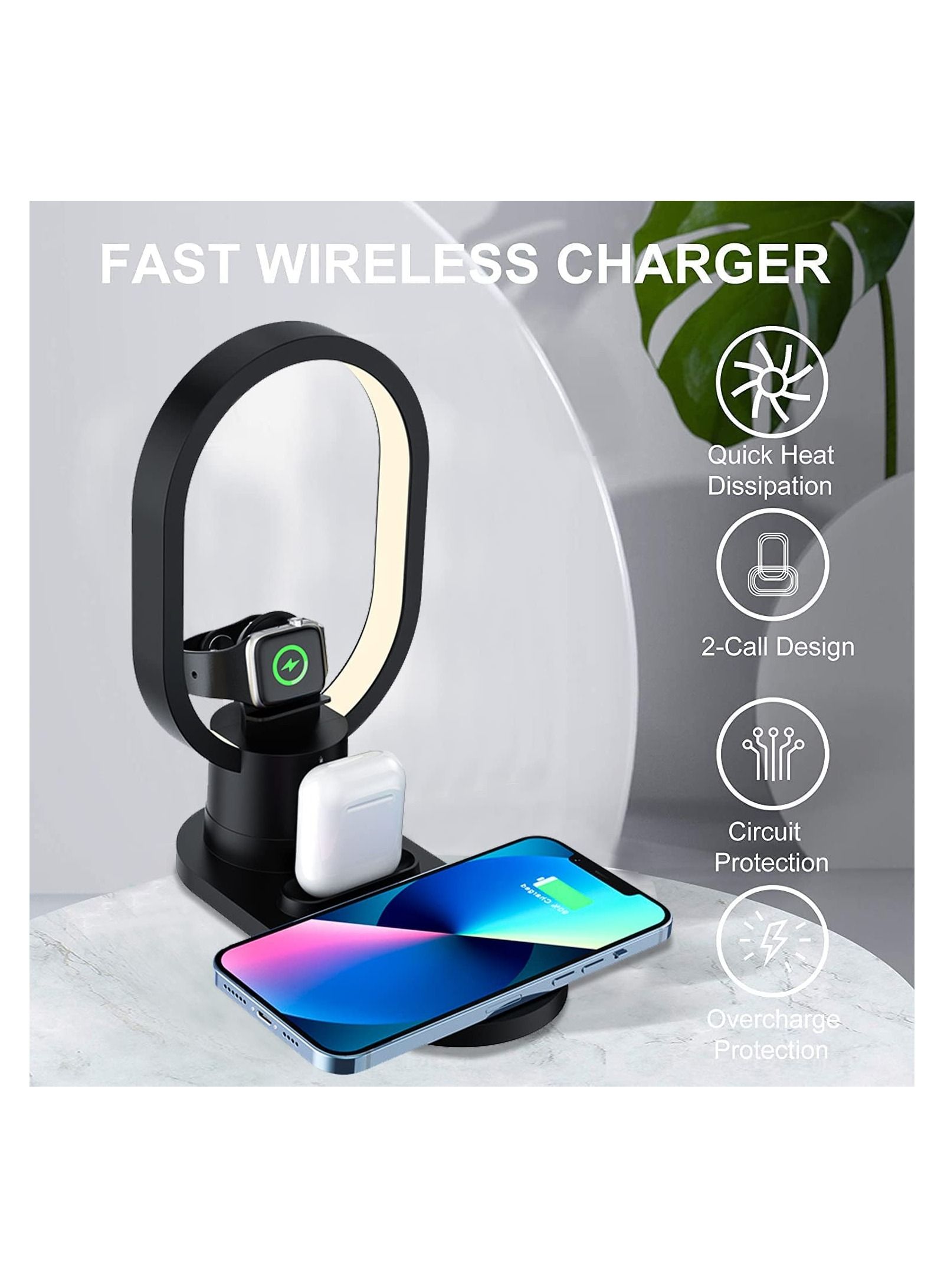 4 in 1 Fast Wireless Charger LED Desk Lamp, 15W Wireless Charging Station Desk Lamp with QC3.0 Adapter Compatible