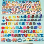 Wooden Number Puzzles Montessori Toys for Toddlers, 7-in-1 Color Alphabet Shape Number Sorting Fishing Game Toys