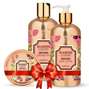 Luxury Oud Rose 3pcs Cosmetics Gift Set - 250ml Body Scrub | 500ml Body Lotion | 500ml Shower Gel