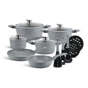 15Pcs Pressed Aluminium Cookware Set With 2 Mats Fall Night Grey With Marble
