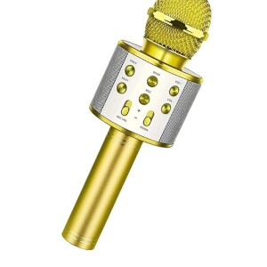 Portable Handheld Karaoke Wireless Microphone With Bluetooth Speaker WS-858 Gold