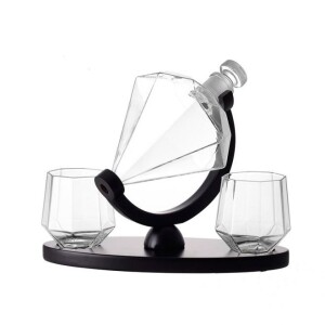 Whiskey Decanter Diamond Shaped With 2 Diamond Glasses & Wooden Holder,Classical Italian Crafted Crystal