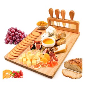 Bamboo Cheese Board Meat Charcuterie Platter Serving Tray with 4 Tableware Stainless Steel Knife