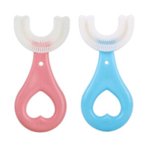 Kids U-Shaped Whole Mouth Silicone Bristles Massage Gums Teeth Brush, Pink/Blue, 2 Pieces