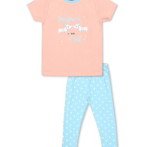 Luqu 2 Piece Toddler Kids Cotton Pyjama Set Sleepwear, Short Sleeve T-Shirt, Pink Bonjour