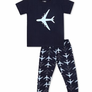Luqu 2 Piece Toddler Kids Cotton Pyjama Set Sleepwear, Short Sleeve T-Shirt, Navy Blue Flight