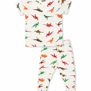 Luqu 2 Piece Toddler Kids Cotton Pyjama Set Sleepwear, Short Sleeve T-Shirt, White Dinosaur