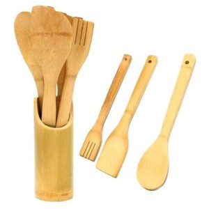 4-Piece Wooden Spoon Set With Stand Beige