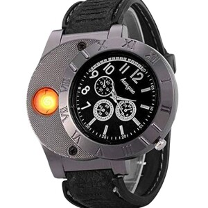 Men's Leather Analog Watch With Electronic Lighter f665
