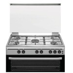 5 Burner Gas Cooker 90 x 60 cm, Full safety, Auto-Ignition, Turnspit, Glass Lid and Gas Grill, 1 Year Warranty U9063FS Silver