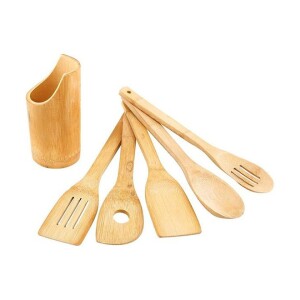 5-Piece Cooking And Serving Wooden Spoon With Stand Beige 30cm