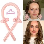 No Heat Silk Curling Ribbon Hair Curler Headband with Claw Clip Pink