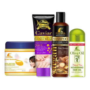 Morocco Argan Shampoo Anti-Hair Fall Shampoo, Olive hair oil, Caviar Anti Hand Cream, Egg Hair Treatment (set of 4) Clear